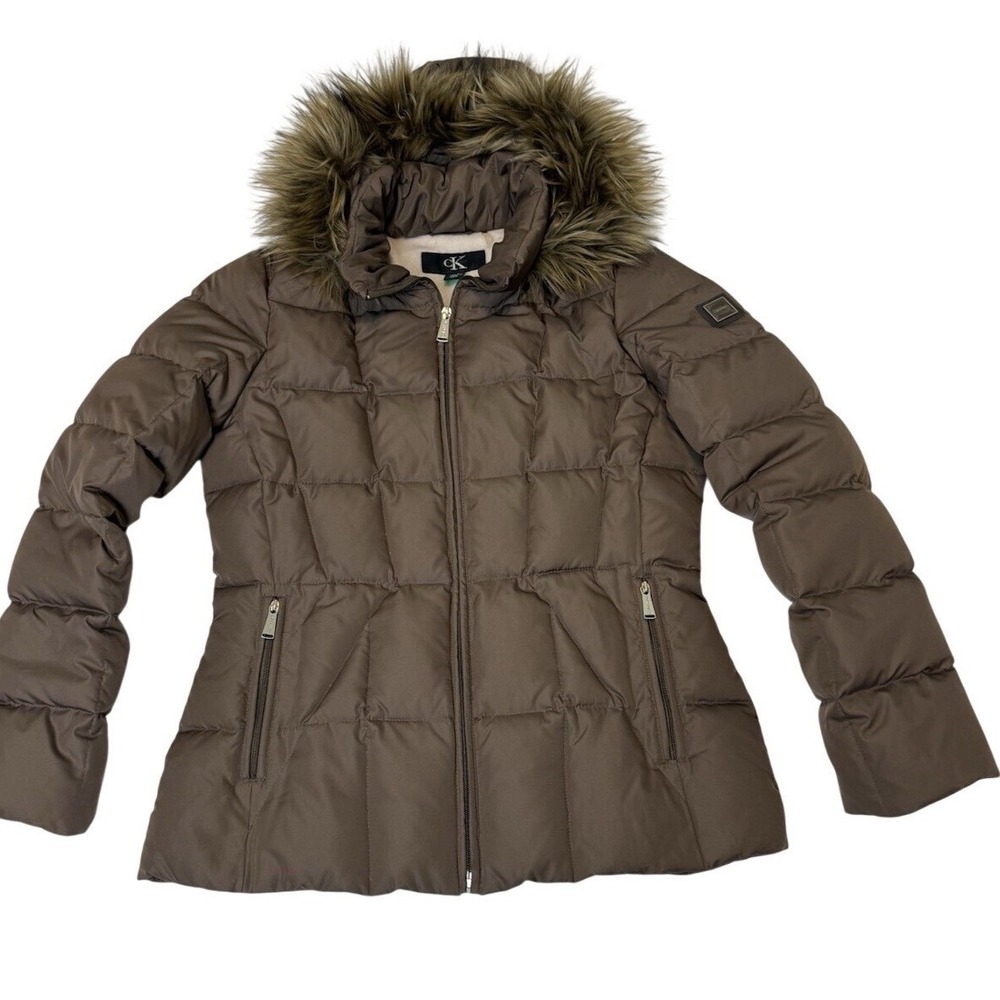 Calvin Klein Down Puffer Coat Women‎ Sz M Brown Quilted Removable Fur Hood Zip
